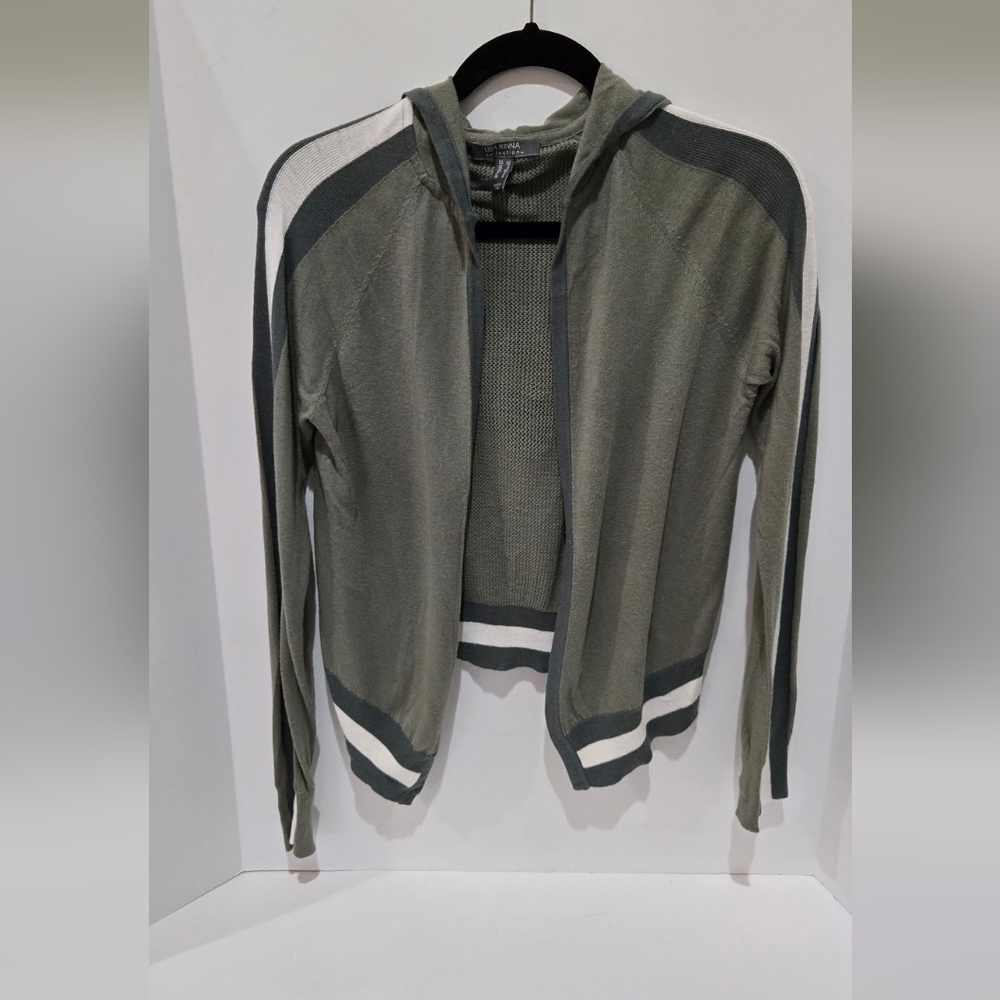 Lisa Rinna Sporty Lightweight Hooded Cardigan Shadow Green Varsity Stripe S